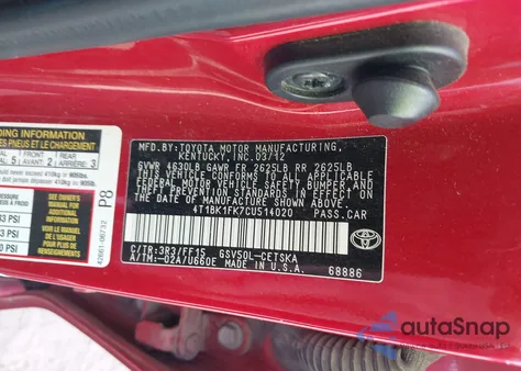 2012 Toyota Camry Se V6 z USA, uszkodzony, nr VIN 4T1BK1FK7CU514020